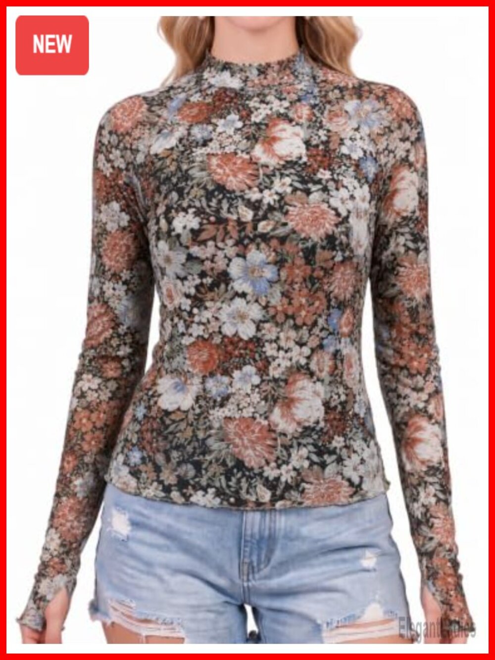 Lace Mesh Long Sleeve Mock Neck Floral Double Lined Top